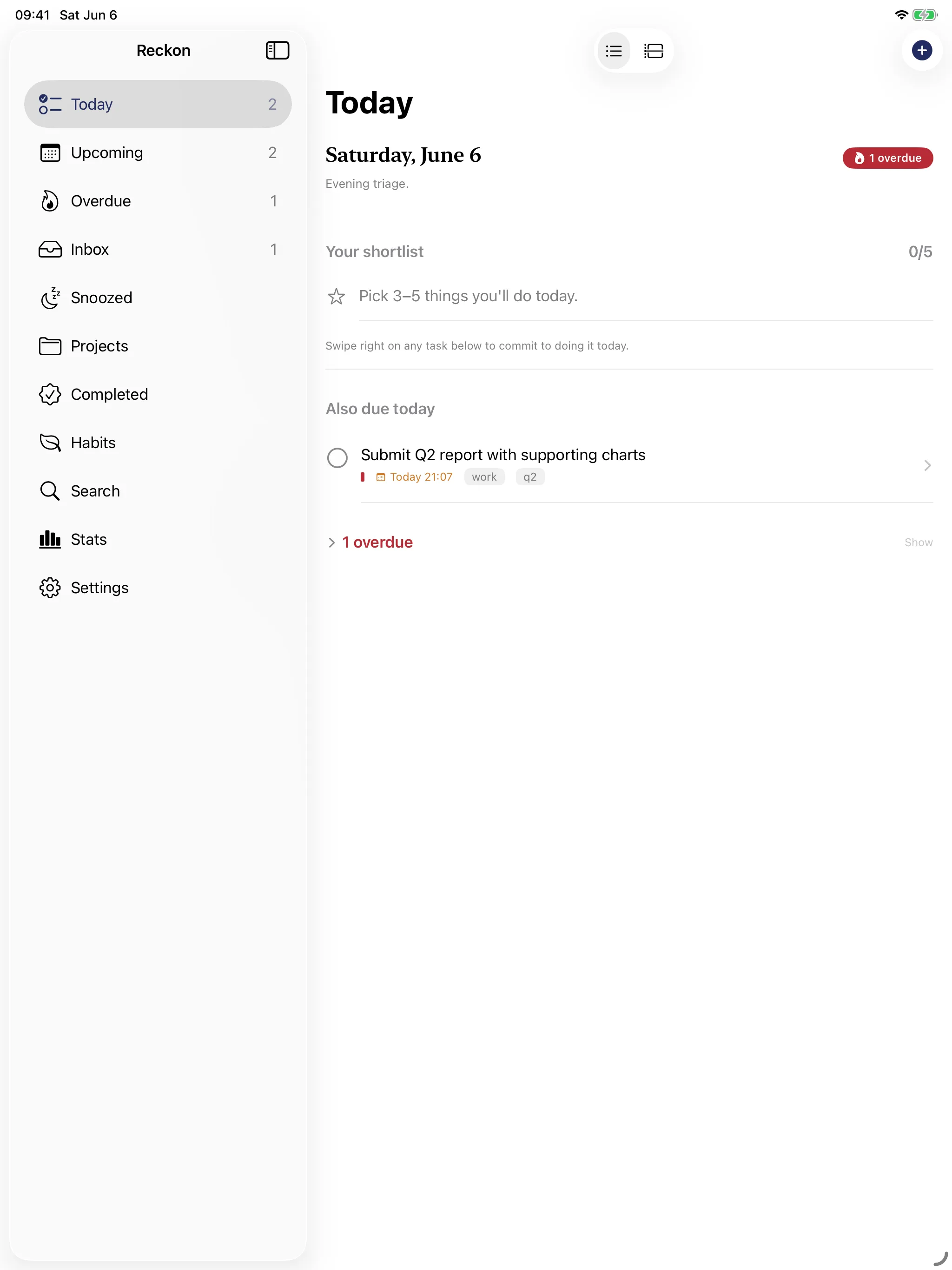Reckon's split-view layout on iPad